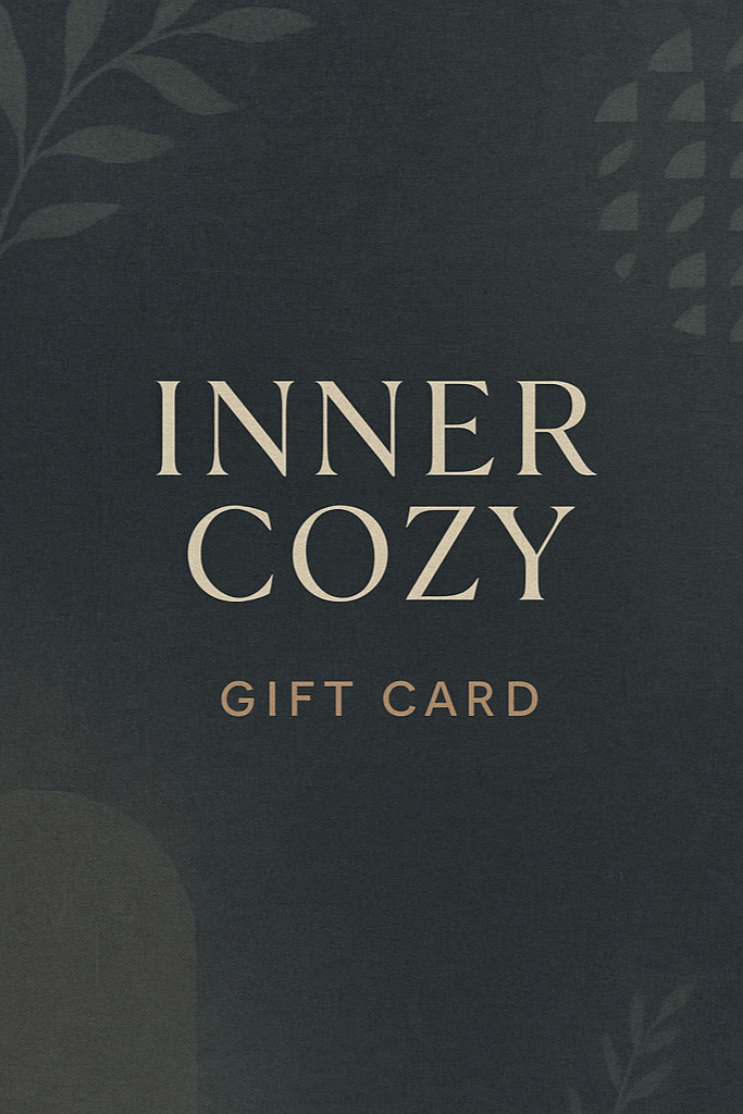 inner cozy gift card. no $ or to. Dark theme in wellness style, with texture. 9x16 vertical aspect ratio